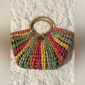 Red and Pink Woven Tote with Wooden Handles